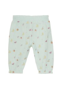 Himmelblaue Baumwollhosen mit elastischem Bund, die bunte Obstmuster zeigen, darunter Bananen, Kirschen und Wassermelonen.