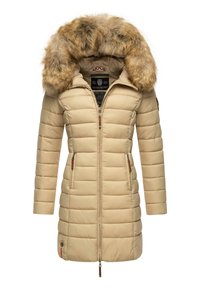 Beige padded coat with a faux fur hood, zip front, and two side pockets. Features horizontal stitching and wooden accents.