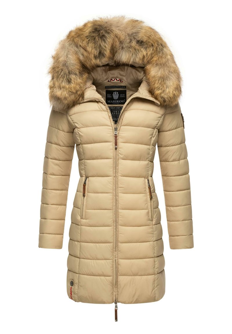 Beige padded coat with a faux fur hood, zip front, and two side pockets. Features horizontal stitching and wooden accents.