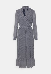 Robe midi à manches longues avec un petit motif géométrique blanc et bleu marine, col à volants, taille nouée à l'avant et ourlet à volants sur un fond uni.