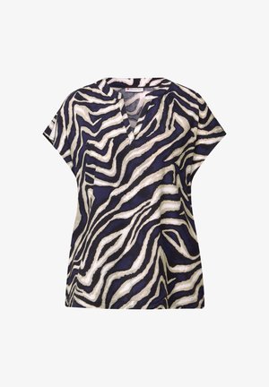 Navy zebra-striped blouse in lightweight fabric, featuring a V-neck and short sleeves with a relaxed fit. Textured waves in cream and black.