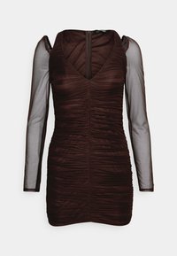 Vestido castanho drapeado com um decote em V profundo e mangas longas transparentes. Apresenta um fecho zip na parte de trás e um tecido texturizado para detalhe adicional.