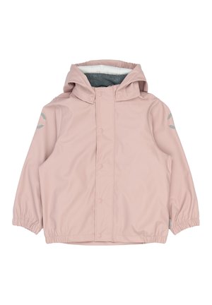 Veste de pluie enfant à capuche rose clair avec boutons-pression, poignets élastiques et doublure en polaire grise à l'intérieur de la capuche.