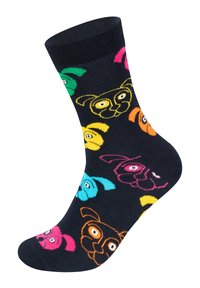 Zwarte sokken met kleurrijke cartoonhondengezichten in groen, roze, blauw, geel en oranje. Gemaakt van zachte stof met een geribbelde manchet.
