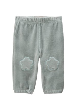 Pantalons en velours côtelé vert clair avec des patches brodés en forme d'étoile de couleur bleu léger sur les genoux et la taille, dotés d'un band élastique froncé.