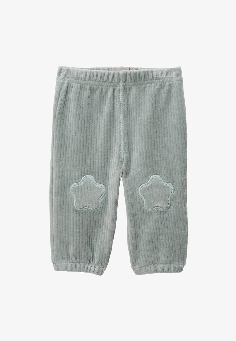 Pantalons en velours côtelé vert clair avec des patches brodés en forme d'étoile de couleur bleu léger sur les genoux et la taille, dotés d'un band élastique froncé.
