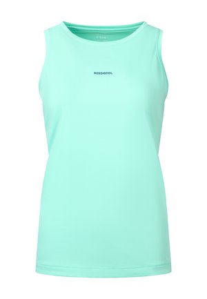 Camiseta deportiva sin mangas color turquesa claro con escote redondo y pequeño logo negro "ROSSIGNOL" centrado en el pecho.