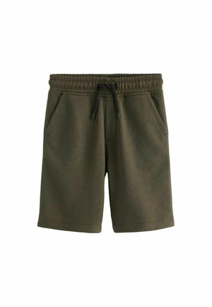 Pantaloni corti in cotone verde con vita elastica, cordoncino regolabile, due tasche laterali e superficie texturizzata.