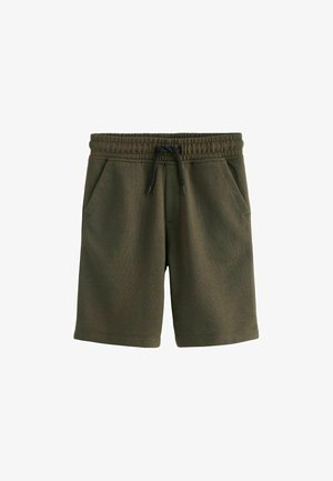 Pantaloni corti in cotone verde con vita elastica, cordoncino regolabile, due tasche laterali e superficie texturizzata.