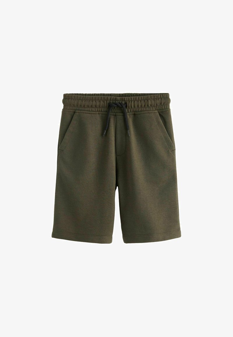 Shorts en mélange de coton vert avec une taille élastique, un cordon de serrage réglable, deux poches latérales et une surface texturée.