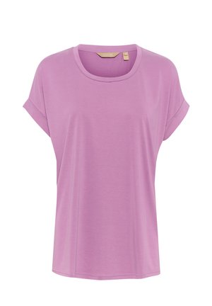 Tricou cu mânecă scurtă și guler rotund din material violet deschis. Textură moale cu manșete răsucite și un design lejer.