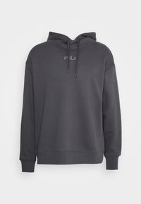 Sudadera de algodón gris con capucha ajustable, mangas largas, puños y bajo acanalados. La parte frontal presenta un logo en relieve con un contraste sutil.