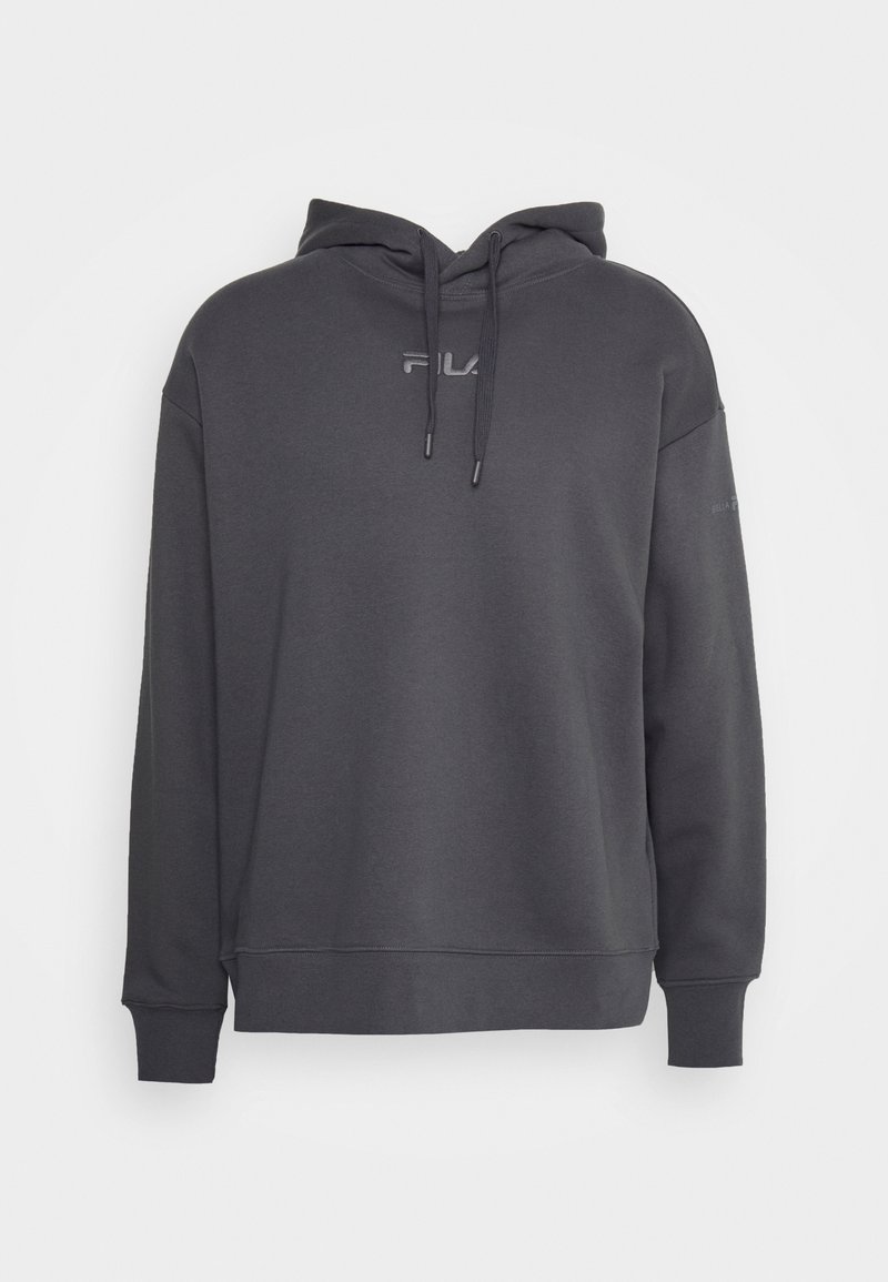 Sudadera de algodón gris con capucha ajustable, mangas largas, puños y bajo acanalados. La parte frontal presenta un logo en relieve con un contraste sutil.