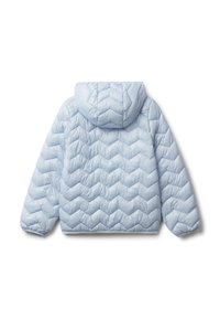 Světle modrá prošívaná puffer bunda s kapucí, dlouhými rukávy a vzorem cik-cak, zobrazená ze zadní strany na bílém pozadí.