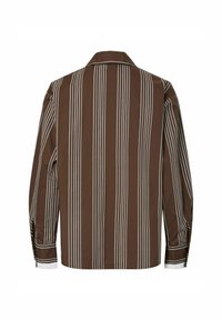 Camicia marrone a maniche lunghe con righe verticali bianche, dotata di colletto classico e polsini bianchi a contrasto. Tessuto di trama liscia.