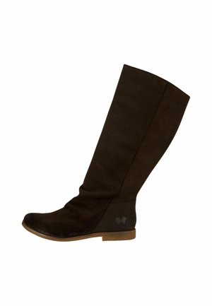 Kniehoge bruine suède laarzen met een flexibele schacht, ronde neus en een platte bruine rubberen zool. Heeft een subtiele logo op de hak.
