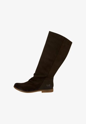 Kniehoge bruine suède laarzen met een flexibele schacht, ronde neus en een platte bruine rubberen zool. Heeft een subtiele logo op de hak.