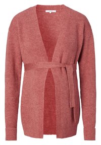 Cardigan en tricot rose poussiéreux doux avec des manches longues, devant ouvert et ceinture assortie nouée à la taille.