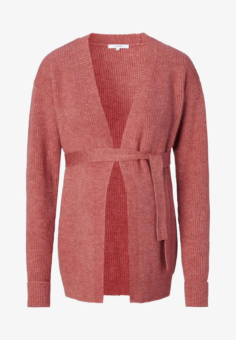 Cardigan en tricot rose poussiéreux doux avec des manches longues, devant ouvert et ceinture assortie nouée à la taille.