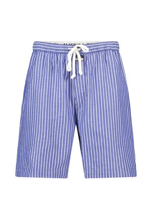 Shorts pour hommes à rayures verticales bleues et blanches avec une taille élastique et un cordon de serrage blanc.