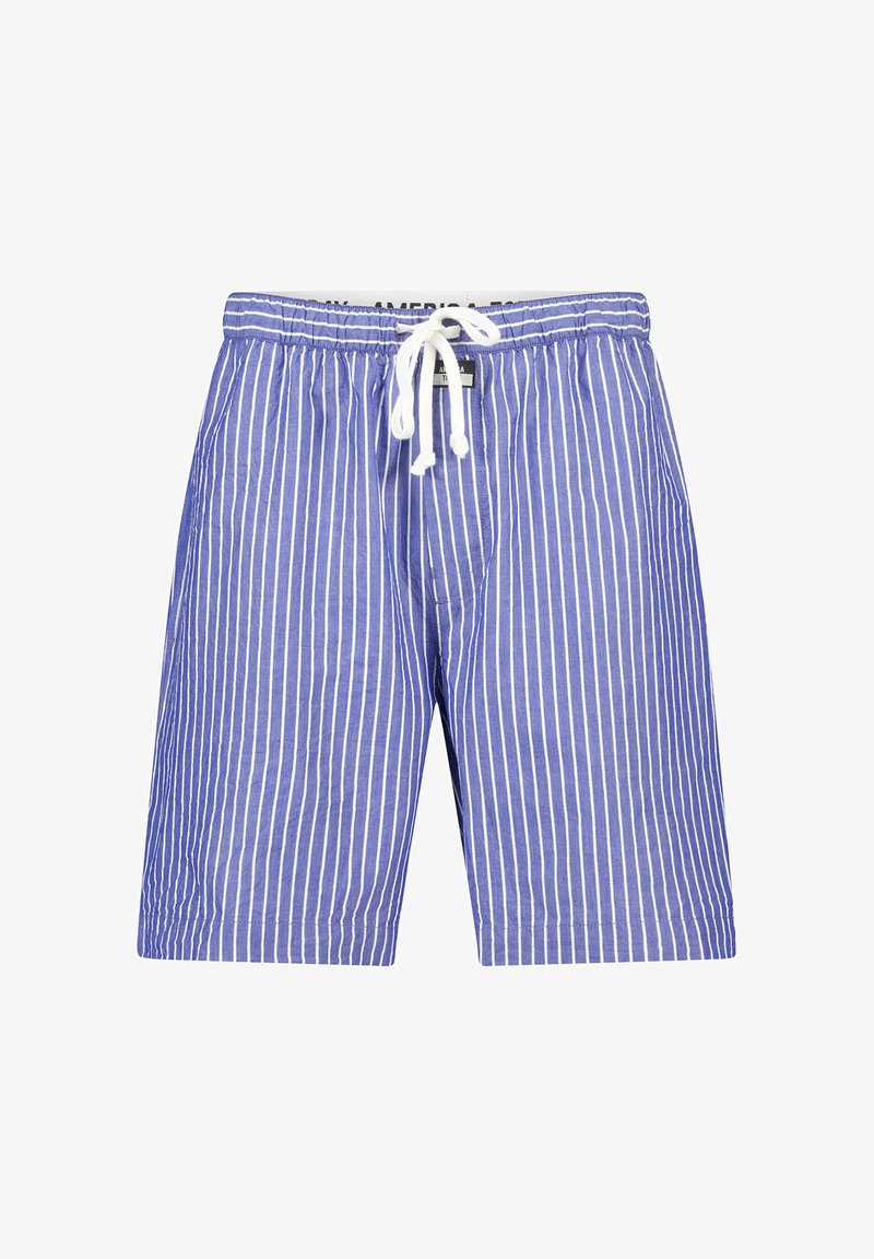 Blue and white vertical striped men's shorts with elastic waistband and white drawstring closure.