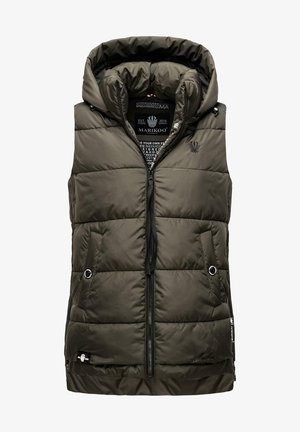 Olijfgroene gewatteerde mouwloze bodywarmer met een ritssluiting aan de voorkant, twee drukknoopzakken en een capuchon met verstelbare trekkoorden.