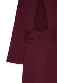 Burgundy dress with long sleeves, ruched sides, and a deep V-neck cutout on the chest.