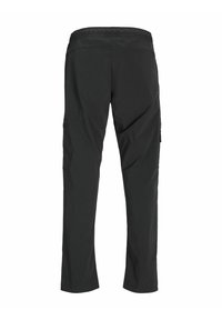 Black cargo pants with an elastic waistband, straight legs, and side pockets. A smooth texture and lightweight fabric design for comfort.