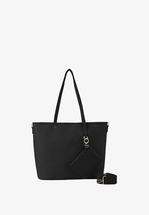 Schwarze Tragetasche aus glattem Material mit langen Trägern, ausgestattet mit goldfarbenen Beschlägen und einem abnehmbaren Täschchen. Schlichtes Design mit einer strukturierten Form.