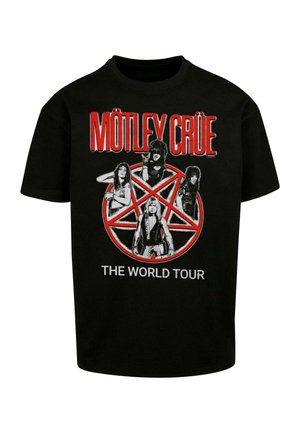 Czarna bawełniana koszulka z centralnym nadrukiem czterech postaci oraz czerwonym pentagramem, z napisem "MÖTLEY CRÜE" i "THE WORLD TOUR".