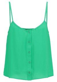 Zelená bezrukávová blůza s volným střihem, s kulatým výstřihem a přední léga na knoflíky. Hladká látka bez viditelných vzorů.