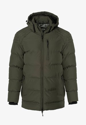 Maslinasto zelena puffer jakna sa patentnim zatvaračem sprijeda, kapuljačom i horizontalnim prešanim dizajnom. Ima jednu prednju džep i rebraste manžete.