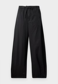 Black, lightweight, elastic-waist pants with a drawstring, featuring a loose fit and smooth texture. No visible patterns or hardware.