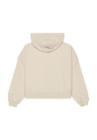 Béžová skrátená mikina s kapucňou na sťahovanie, širokými rukávmi, mäkkou textúrou a jednoduchým, minimalistickým dizajnom bez ďalších vzorov alebo dekoratívnych prvkov.