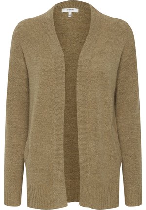 Cardigan tricoté beige avec un design à devant ouvert, des manches longues, un ourlet côtelé et des poches. Texture douce, coupe décontractée et détails minimalistes.