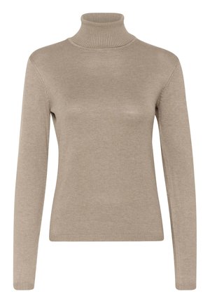Maglione beige con collo alto e maniche lunghe, realizzato in morbido materiale a maglia. Presenta un colletto e un orlo a coste, offrendo una silhouette aderente.