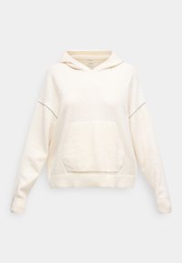 Sweatshirt cu glugă de culoare crem, cu buzunar frontal, textură moale, manșete și tiv răsucite, și design relaxat.