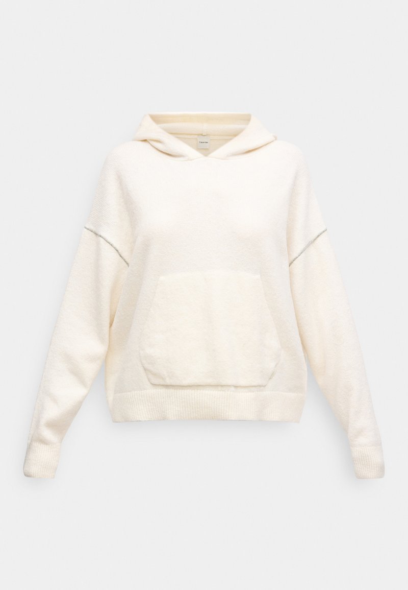 Sweatshirt cu glugă de culoare crem, cu buzunar frontal, textură moale, manșete și tiv răsucite, și design relaxat.