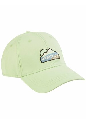 Lichtgroene baseballcap van katoen, met een geborduurde berg en het "explorers" logo in blauw en bruin aan de voorkant.