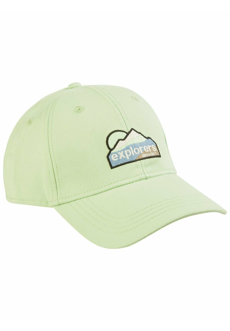 Lichtgroene baseballcap van katoen, met een geborduurde berg en het "explorers" logo in blauw en bruin aan de voorkant.
