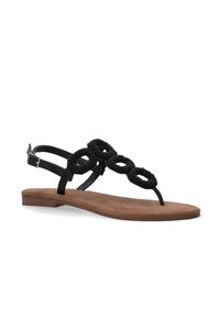 Sorte flade sandaler med perlebesatte cirkeldetaljer, justerbar ankelrem og en glat brun ruskindssål, som tilbyder et minimalistisk design.