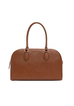 Borsa a mano in pelle marrone con parte superiore arrotondata, due manici, ferrature dorate e logo "TWINSET Milano" al centro davanti.