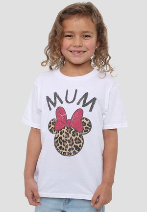 White t-shirt featuring a leopard print Minnie Mouse graphic with a red glitter bow and the word "MUM" in black above the design.