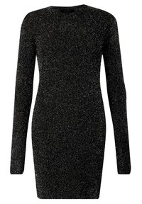 Robe moulante noire à manches longues avec détails pailletés argentés, silhouette ajustée et col rond.