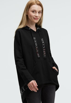 Schwarzer Kapuzenpullover mit Kängurutasche, strukturiertem Stoff und Kordelzügen. Verfügt über bedruckten Text an der Kapuze und seitlichem Saum, lockere Passform.