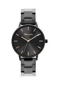 Schwarze Metallarmbanduhr mit roségoldenen Stundenmarkierungen und -zeigern, verbundenem Metallband und Krone auf der rechten Seite.