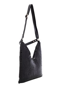 Sort, pailletteret skuldertaske med et V-formet design, glat tekstur, justerbar rem og lynlåslukning. Måler cirka 30 cm i højden.