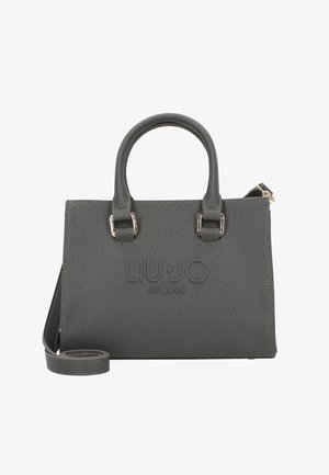 Sac à main synthétique gris avec logo embossé "LIU•JO MILANO", double poignée supérieure et bandoulière amovible. Présente des accents matériels de couleur dorée.