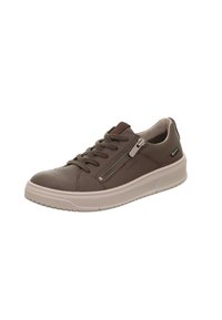 Braune Leder-Sneaker mit beiger Sohle, Schnürsenkeln und seitlichem Reißverschluss. Verfügt über eine strukturierte Oberseite und Markenakzente.