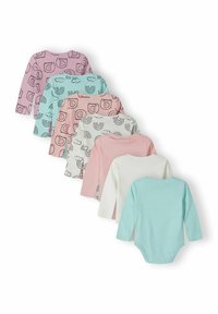 Ensemble de sept bodies à manches longues pour bébé dans des couleurs pastel, présentant des designs variés : motifs de nuages, d'arc-en-ciel et d'animaux. En coton doux.